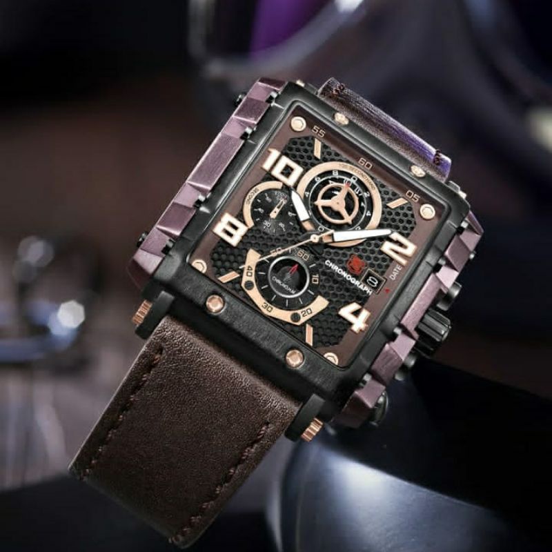 jam tangan pria Mewah T5 Tali Kulit brown Elegan Chrono aktif Analog Original