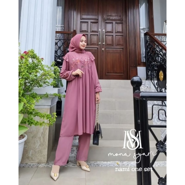 NAMI ONE SET CRINKLE PREMIUM APIKASI BORDIR/SETELAN MUSLIM WANITA JUMBO/LILONA SET TUNIK + CELANA POLOS MIX BORDIR/FAR MOSLEMSTORE