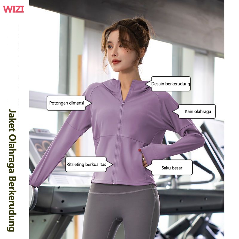 WiZi Wanita Longgar Tahan Angin Olahraga Ukuran besar Yoga Cepat Kering Ritsleting Berkerudung Mantel UPF  50+ /Anti UV