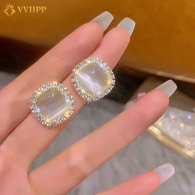 Anting Stud Kristal Opal Bentuk Persegi Warna Emas Untuk Wanita