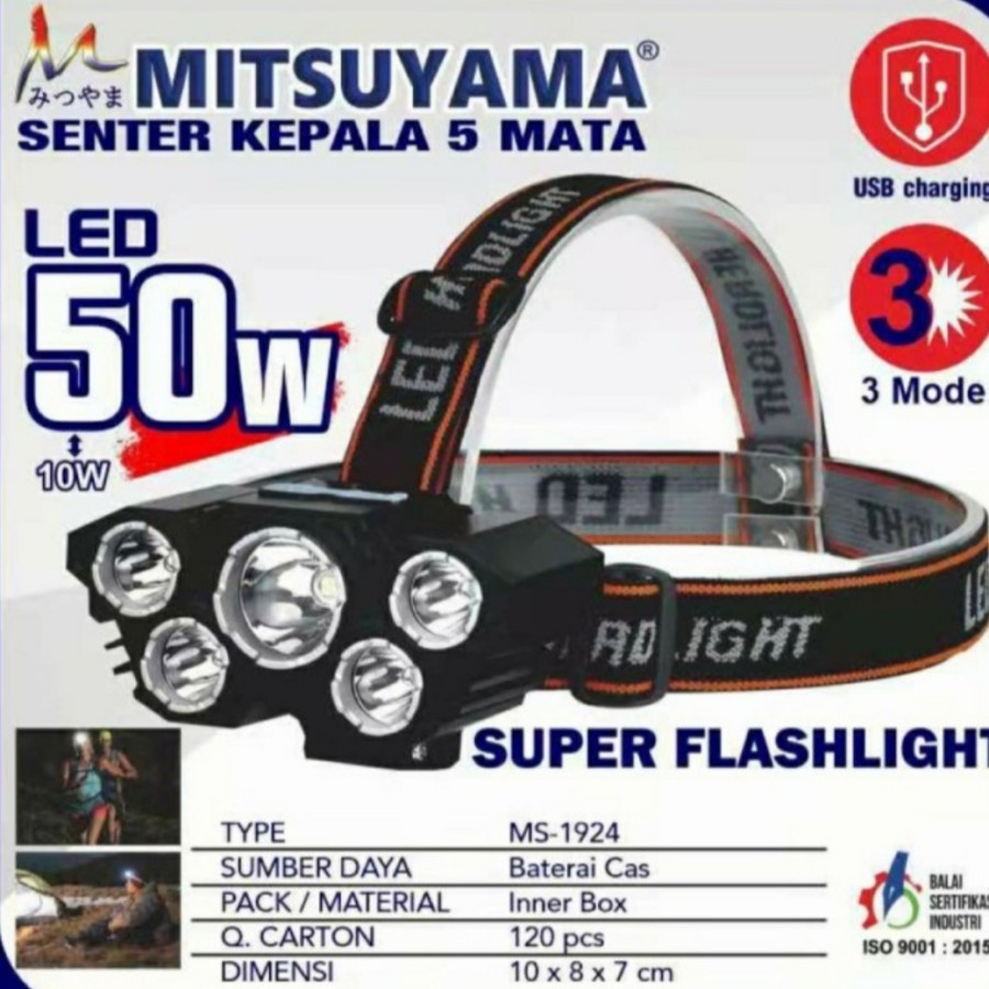 Senter Kepala 50 Watt LED 5 Mata 3 Mode Cahaya Putih Mitsuyama MS-1924