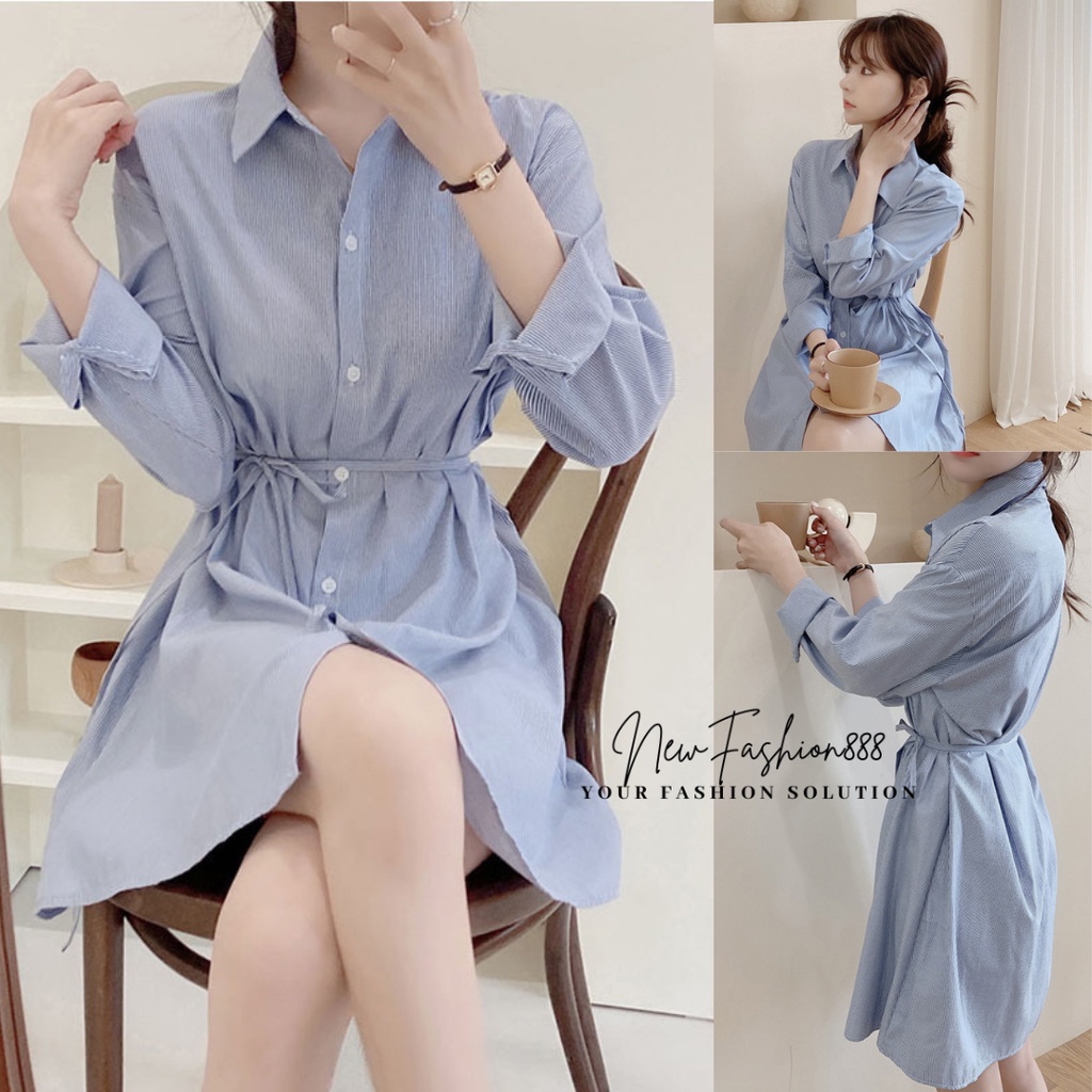 IB0007 New Fashion Dress Kemeja Lengan Panjang Dress Wanita Biru Muda Import baju wanita