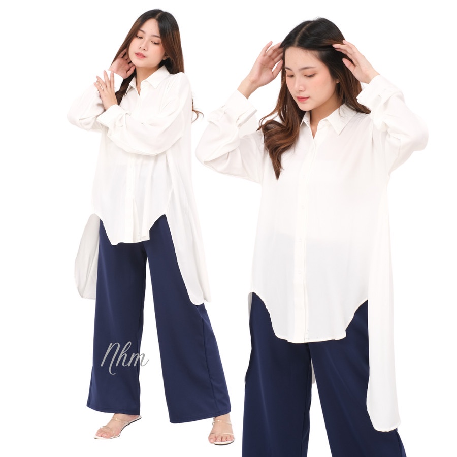 Kemeja Wanita  Oversize Lengan Panjang, Long Kemeja Pinguin Putih Polos