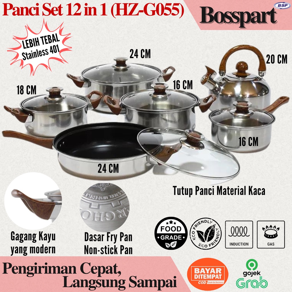 Panci Stainless Set / Cookware Set 12 in 1 (HZ-G055) / Panci Wajan Penggorengan Set Anti Lengket