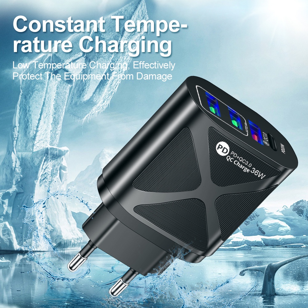 Adapter Power Charger 36W QC3.0 + PD 4 Port Usb + PD Portable Untuk Iphone / Android