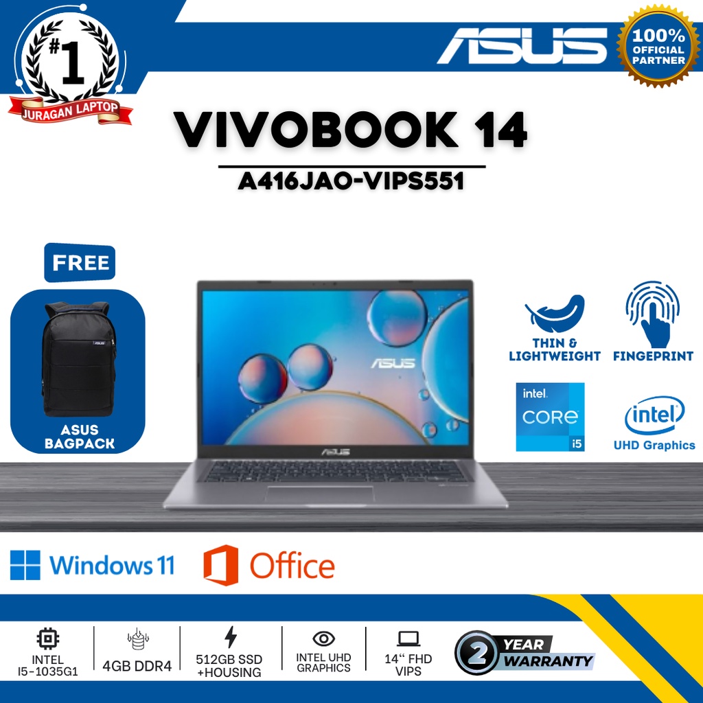 LAPTOP ASUS VIVOBOOK 14 A416JAO-VIPS551 | I5-1035G1 4GB 512GB UHD W11+OHS21