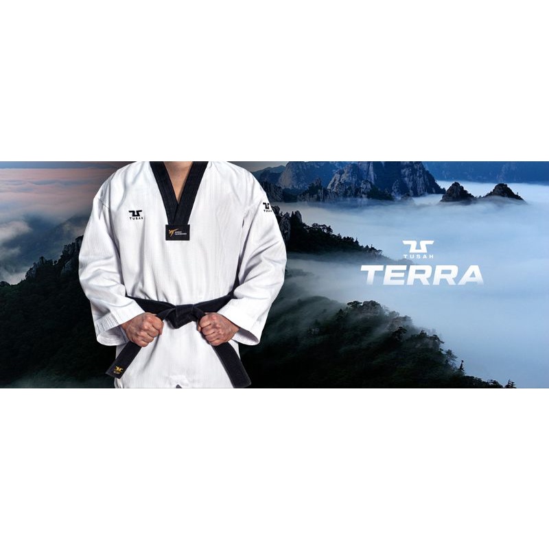TUSAH - Terra Sparring Uniform Dobok Taekwondo Black V Neck WT Approved Kerah Hitam
