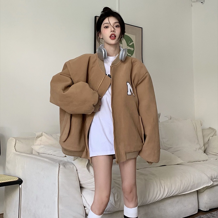 Red American letter bordir bisbol seragam kardigan sweater wanita musim gugur dan musim dingin plus beludru menebal kuliah gaya longgar ceruk atas tren