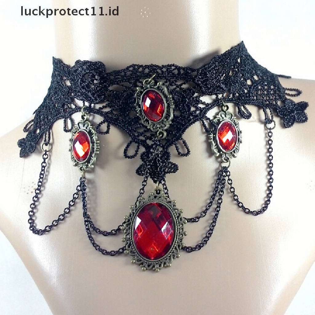 Kalung Choker Lace Hitam Aksen Kristal Merah Untuk Wanita