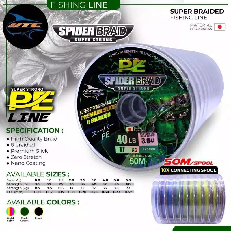 Senar Benang PE UTC Spider Braid X8 Braid (PE 0.8 - PE 6) 50M/Roll Konekting Super Strong - Engkus Fishing