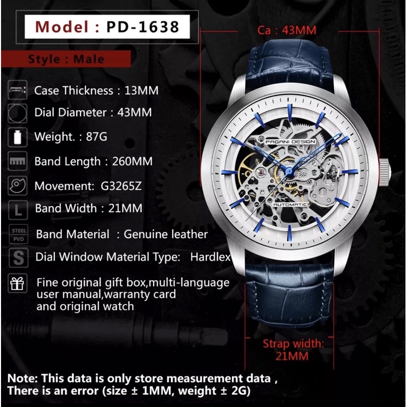 Jam Tangan Pagani Design PD 1638 Automatic Transparan Tali Kulit Blue