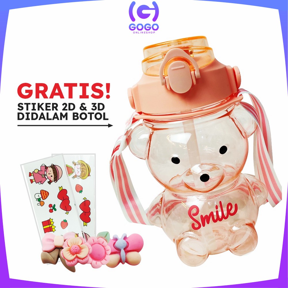 GOGO-C589 C592 Botol Minum Anak Boneka Bear Beruang 1 Liter Polos Gradasi / Tumbler Minum Anak Karakter Bear Gemoy Pelangi