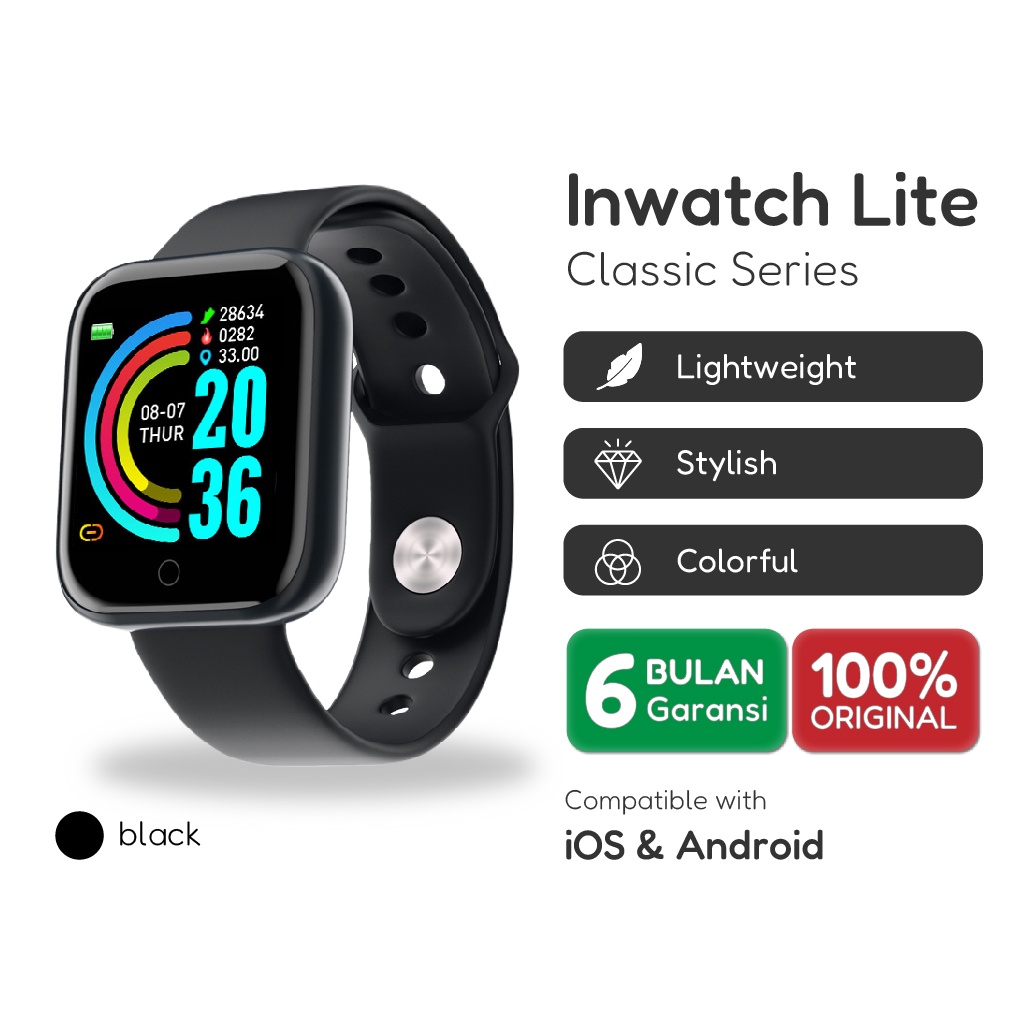 Inwatch Lite Black Y68 Smart Watch Pintar Smartwatch Jam Tangan Pria Wanita Pintar Anti Air Bluetooth Multi Fungsi