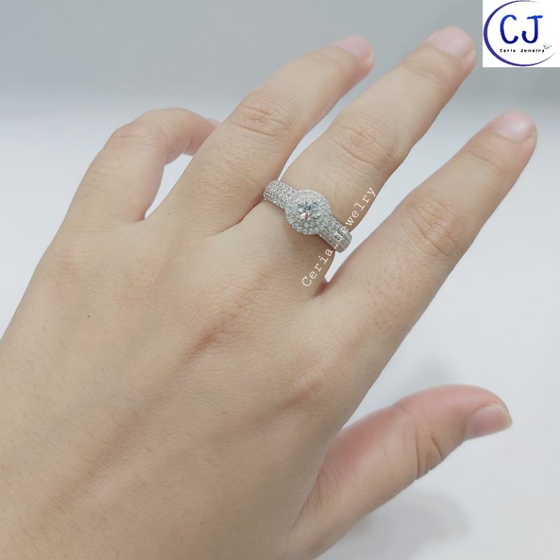 Cincin Perak Asli Silver Wanita 925 Lapis Emas Putih Model Bulat Permata Keliling Permata Samping - Perhiasan Perak Asli Silver