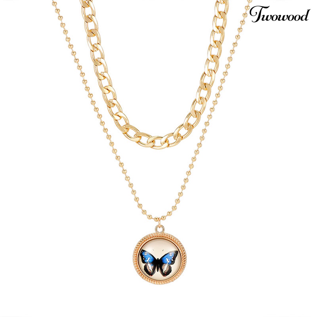 Kalung Rantai Klavikula Hias Liontin Kupu-Kupu Model Lapis Ganda Gaya Retro Untuk Wanita