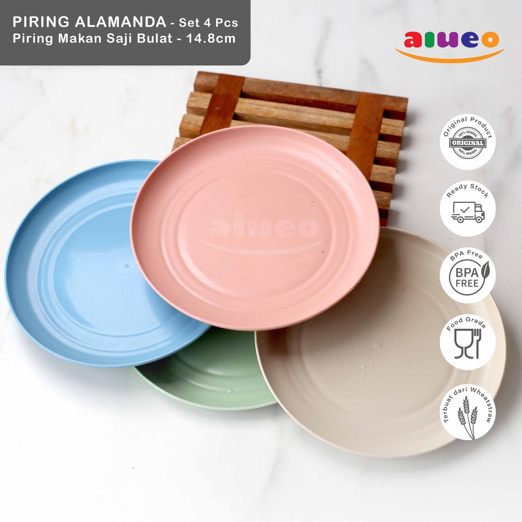 AIUEO Set 4 Pcs 14.8cm Piring Makan Saji Murah Import Bulat Wheat Straw Jerami Gandum Aesthetic Estetik Plastik | Tatakan Buah