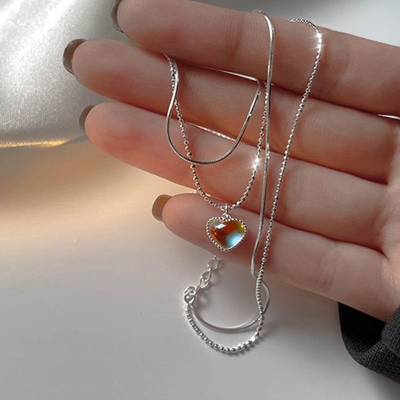We Flower Korea Double Layered Glossy Moonstone Heart Pendant Necklace Untuk Wanita Gadis Elegan Perak Tipis Rantai Kalung Engagment Pesta Perhiasan Hadiah