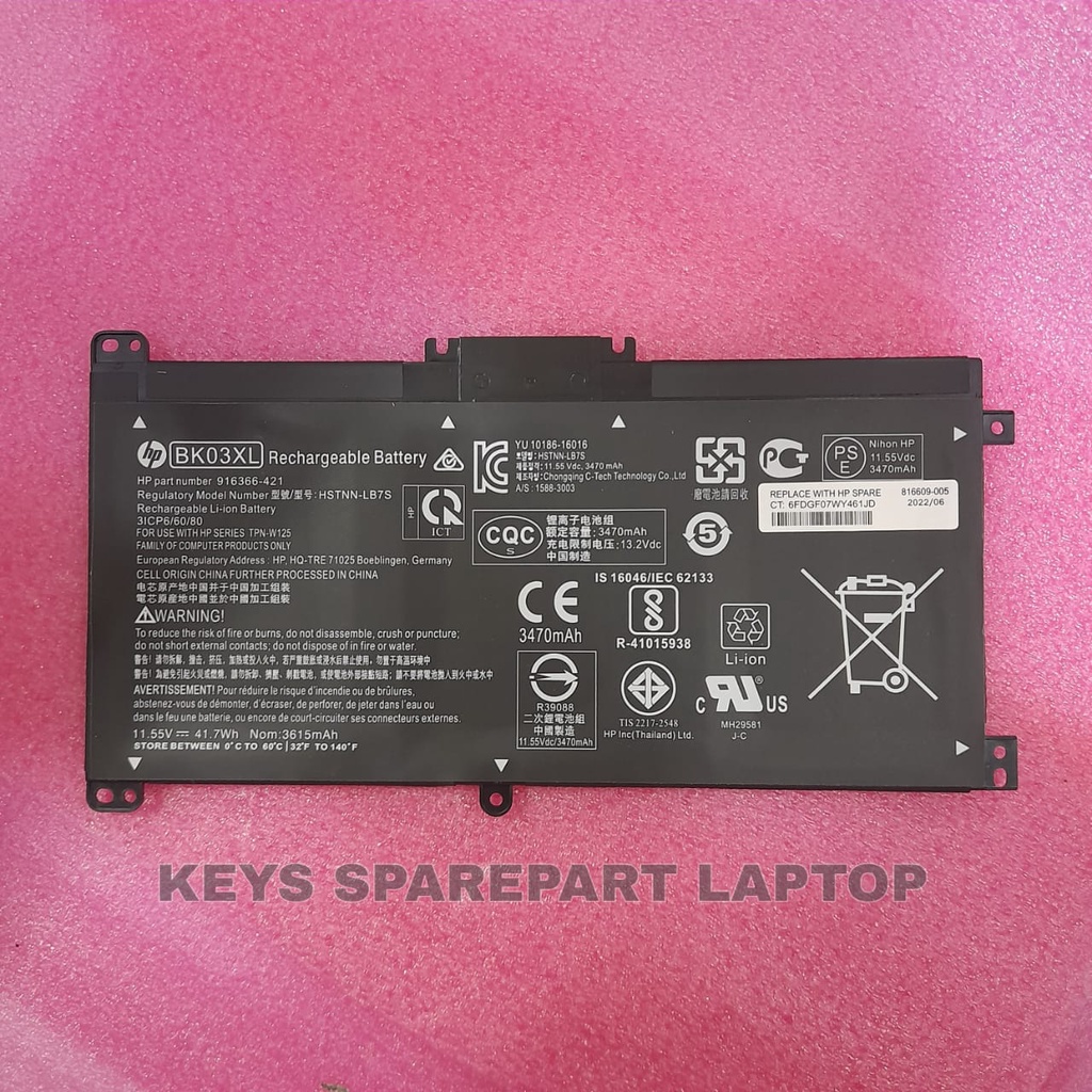 Baterai Battery batre Laptop HP X360 14M-BA011DX BK03XL HSTNN-LB7S  916366-421 916366-541 916811-855 BK03041XL 14-BA133TX 14-BA134TX 14-BA135TX