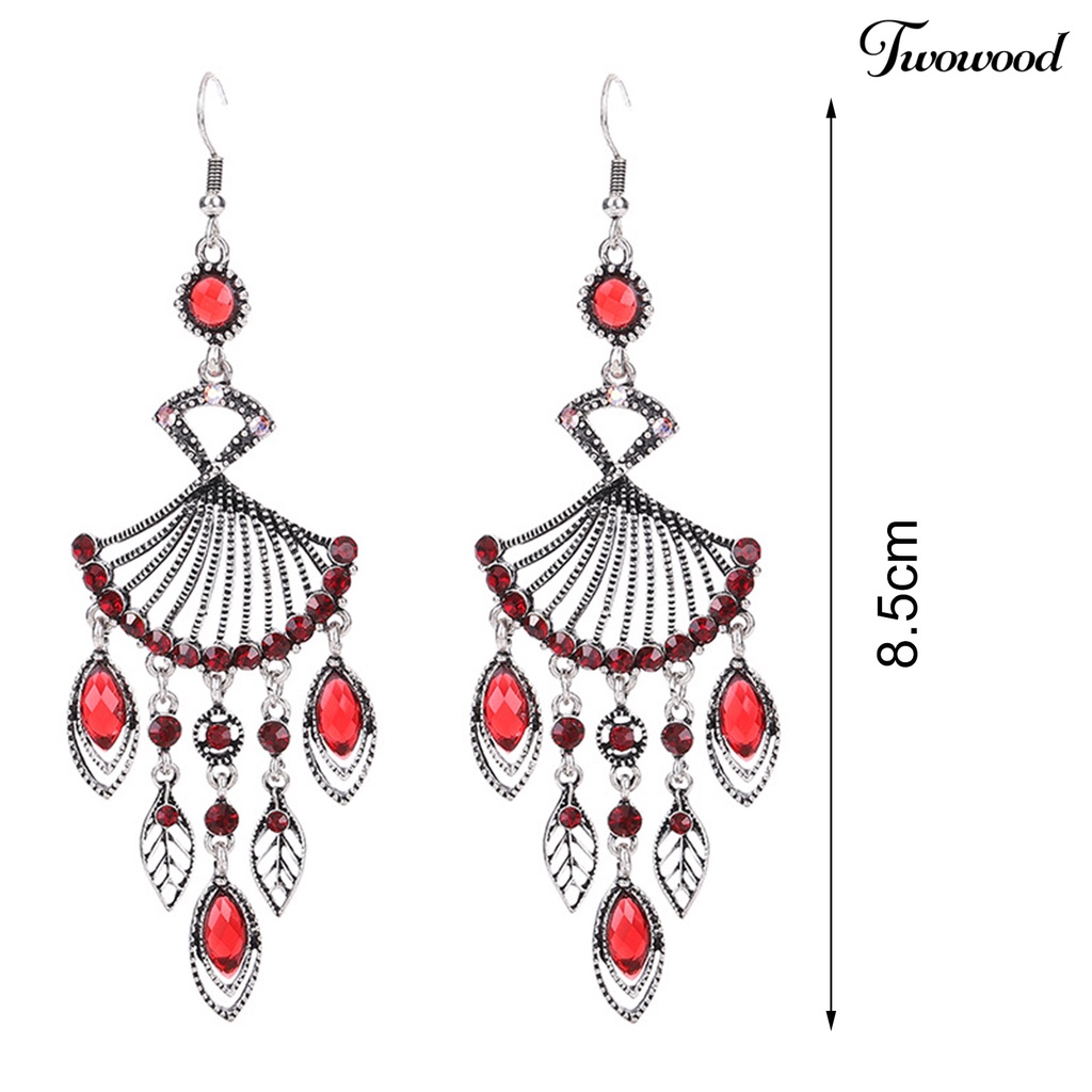 1 Pasang Anting Juntai Panjang Bentuk Kipas Hollow Aksen Kristal Tiruan Gaya Bohemian Retro Etnik Untuk Wanita