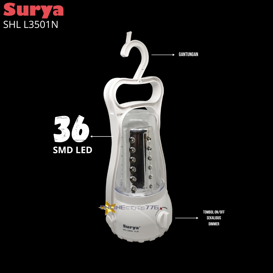 Lampu Emergency Petromak SURYA SHL L3501N SMD 36 LED with Dimmer Switch Rechargeable 14 Hours