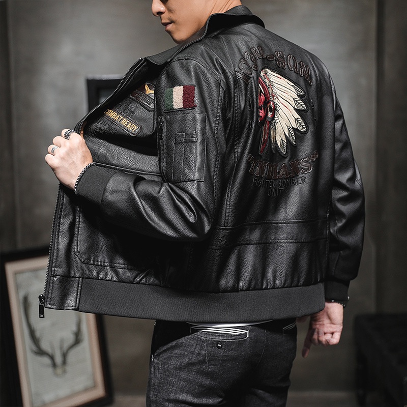 Pria Baju Penerbangan Bulu Jaket Kulit Pria PU Kulit Jaket Pria Kerah Inana Borr Jaket Mantel Kulit 