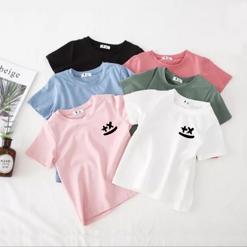kaos anak anak baju oblong 2 sampai 10 tahun size s m l xl  motif +× senyum atasan anak anak lengan pendek sedia warna hitam putih nevy maron misty mustrad tosca salem kuning kenari merah