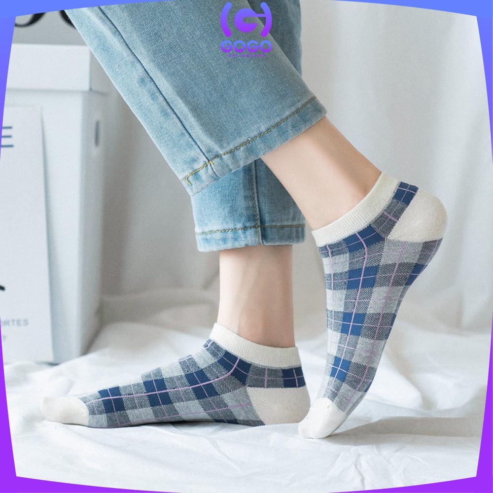 GOGO-P187 Kaos Kaki Pendek Wanita Motif Kotak Biru / Kaus Kaki Pendek Wanita Dewasa / Ankle Sock Fashion Korean Style