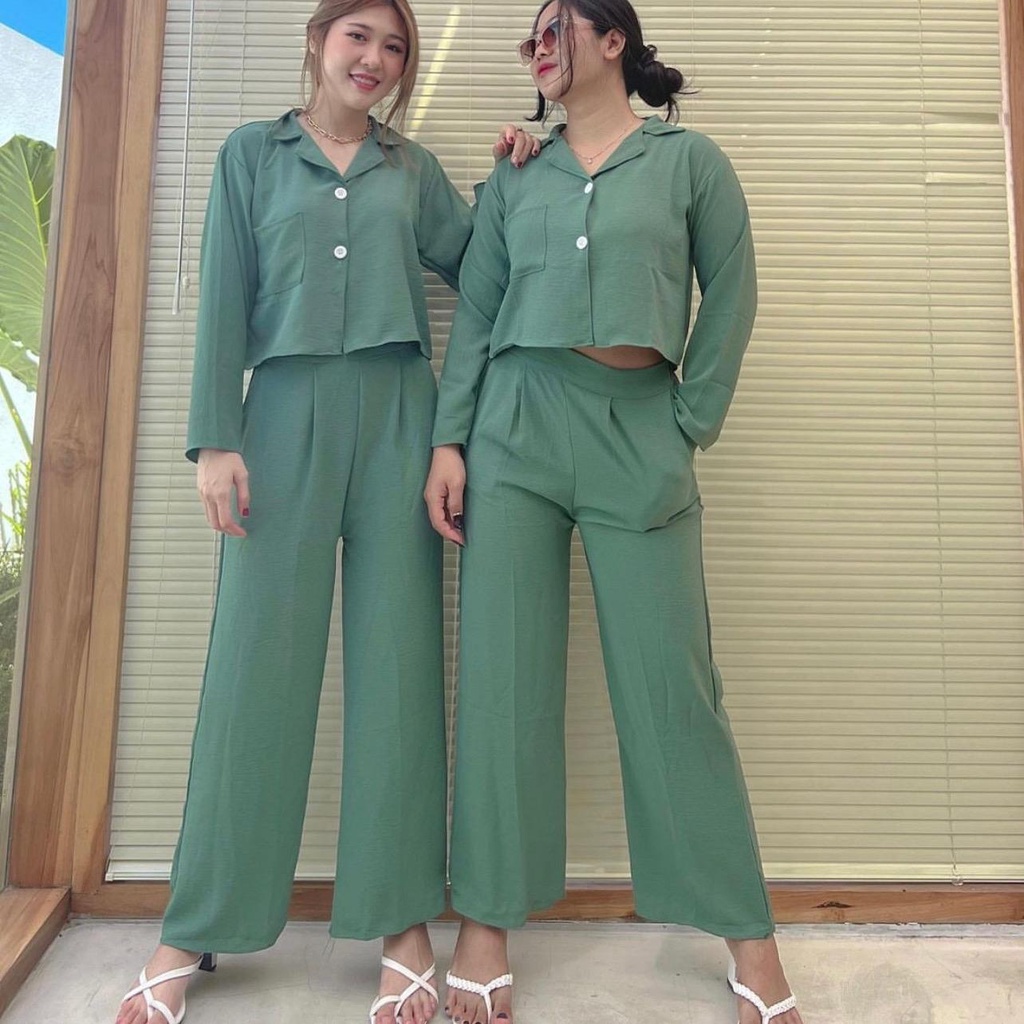 One set Crinkle Setelan Crop top Blezer - one set wanita kekinian YPD
