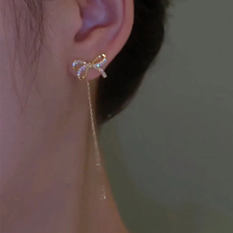 Anting Tusuk Gantung Wanita Desain Pita Hias Zircon Gaya Elegan / Korea Untuk Pesta / Pernikahan