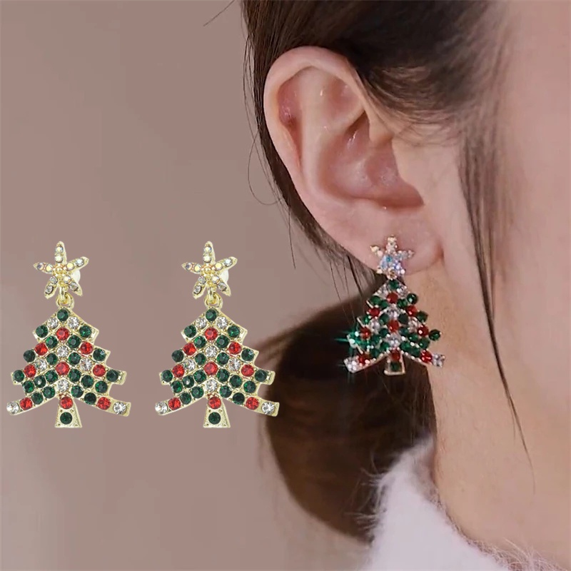 1 Pasang Anting Bentuk Pohon Natal Aksen Kristal Berlian Imitasi Bahan Zirkon Warna-Warni Untuk Wanita