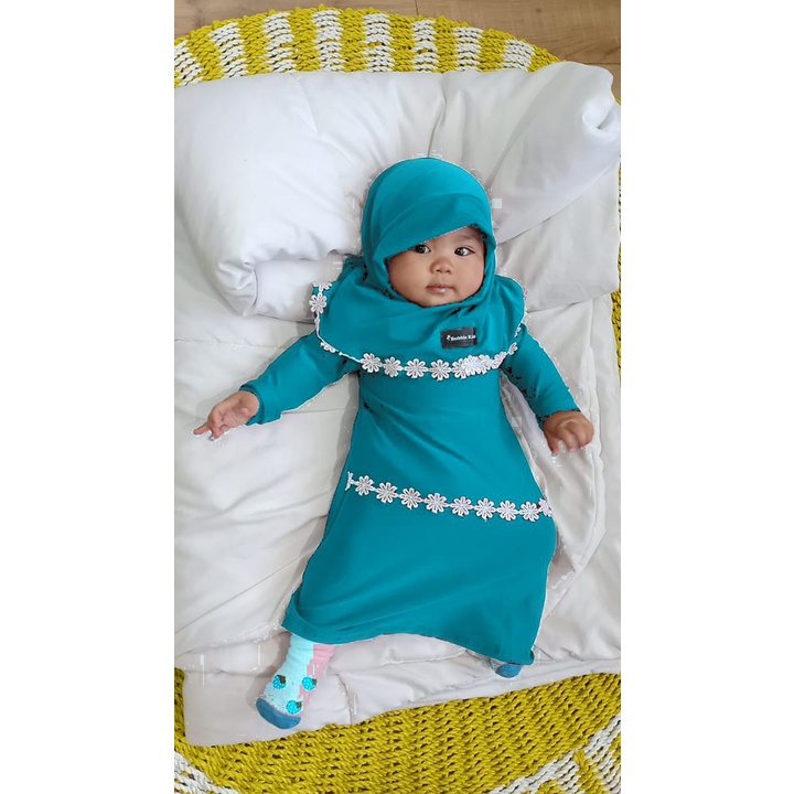 Gamis Hijab Renda Melati Bayi Balita Anak Perempuan Fashion Muslim Lucu Polos Katun 0-2 Tahun biru