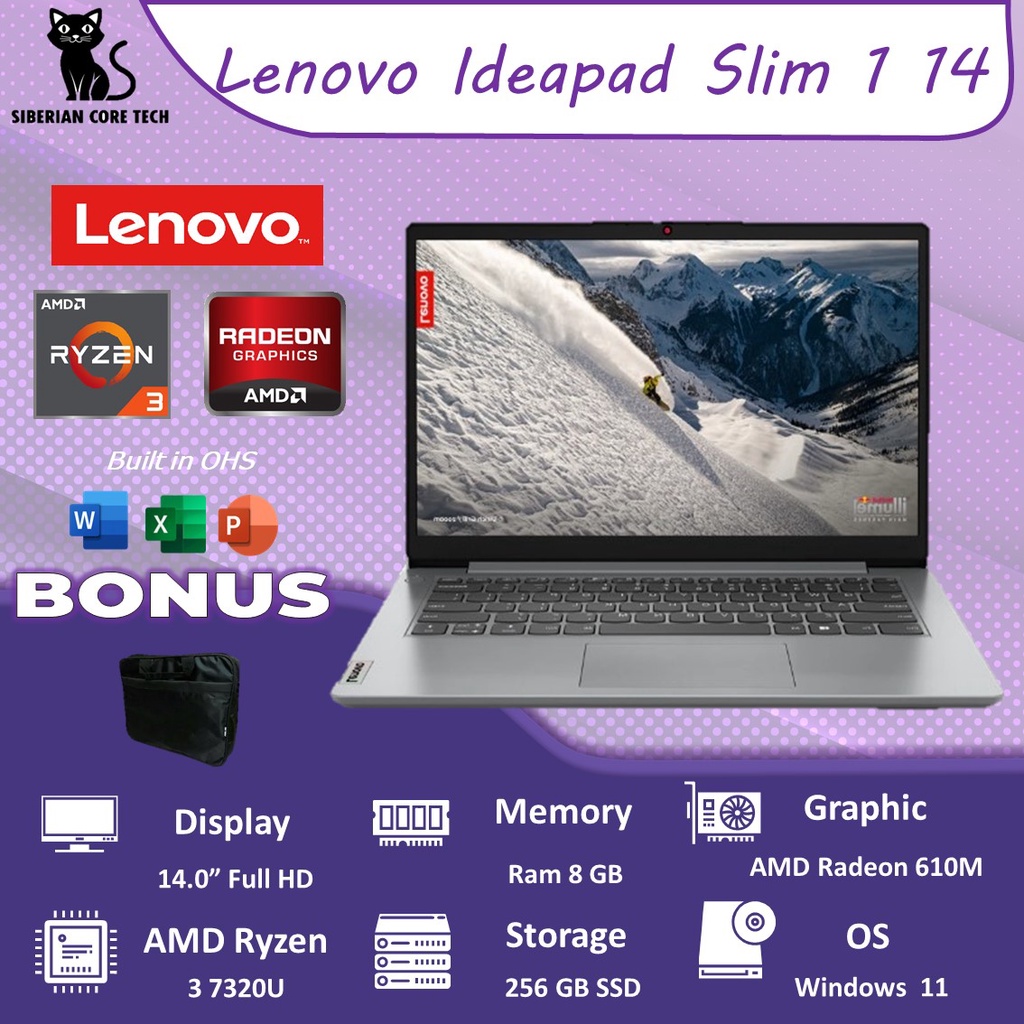 LENOVO IDEAPAD SLIM 1 14 RYZEN 3 7320U 8GB 512SSD RADEON 610M W11+OHS 14.0FHD 2YR