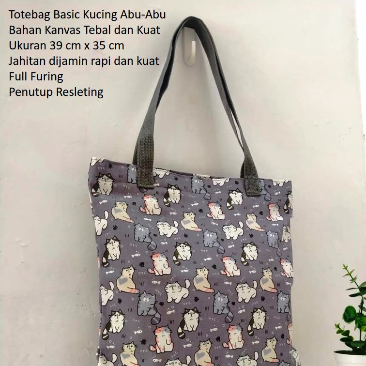 TAS KANVAS TOTEBAG KANVAS MOTIF KUCING ABU. RIENS COLLECTIONS