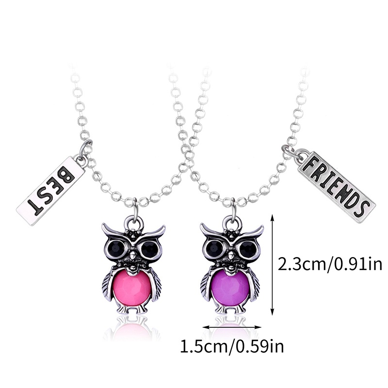 Fancyqube 2Pcs / Set Kalung Liontin Burung Hantu Aksen Hollow + Batu Merah Warna Silver Untuk Wanita