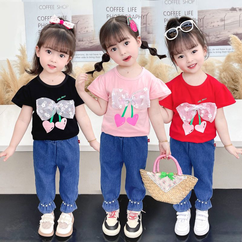 [1-5 th] Setelan anak perempuan atasan jins cherry import 1-5 tahun / Baju Setelan kaos celana Jeans cutbray mutiara anak cewek