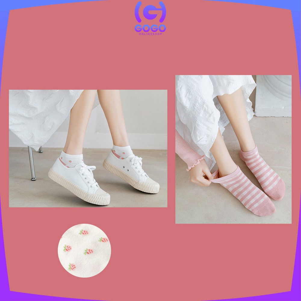 GOGO-P189 Kaos Kaki Wanita Motif Stroberi Bunga Fashion Korea / Kaus Kaki Pendek Semata Kaki Wanita / Strawberry Ankle Sock Korean Style