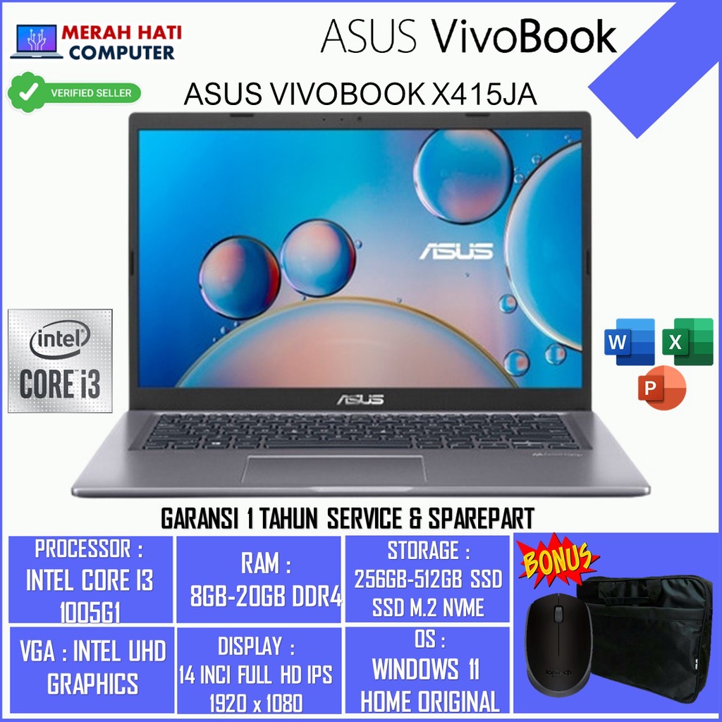 Laptop Slim Murah ASUS VIVOBOOK X415JA Intel Core i3 1005G1 RAM 20GB SSD 512GB FHD IPS Windows 10 Original