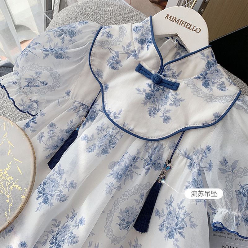 Dress Anak Perempuan Cheonsam Biru Putih