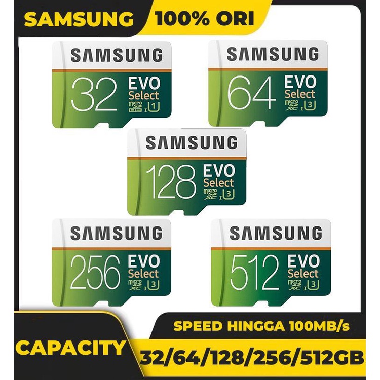 Samsung EVO Select micro SDHC UHS-1 Memory Card CLASS 10 U3 FHD Kartu Memori 32GB/64GB/128GB/256GB/512GB Transfer higga 100MB/S SD TF Card With SD adapter