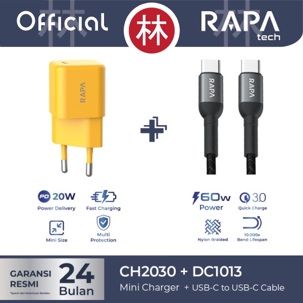 RAPAtech CH2030 &amp; DC1013 - PD20W Charger 20W &amp; USB-C to USB-C Cable QC