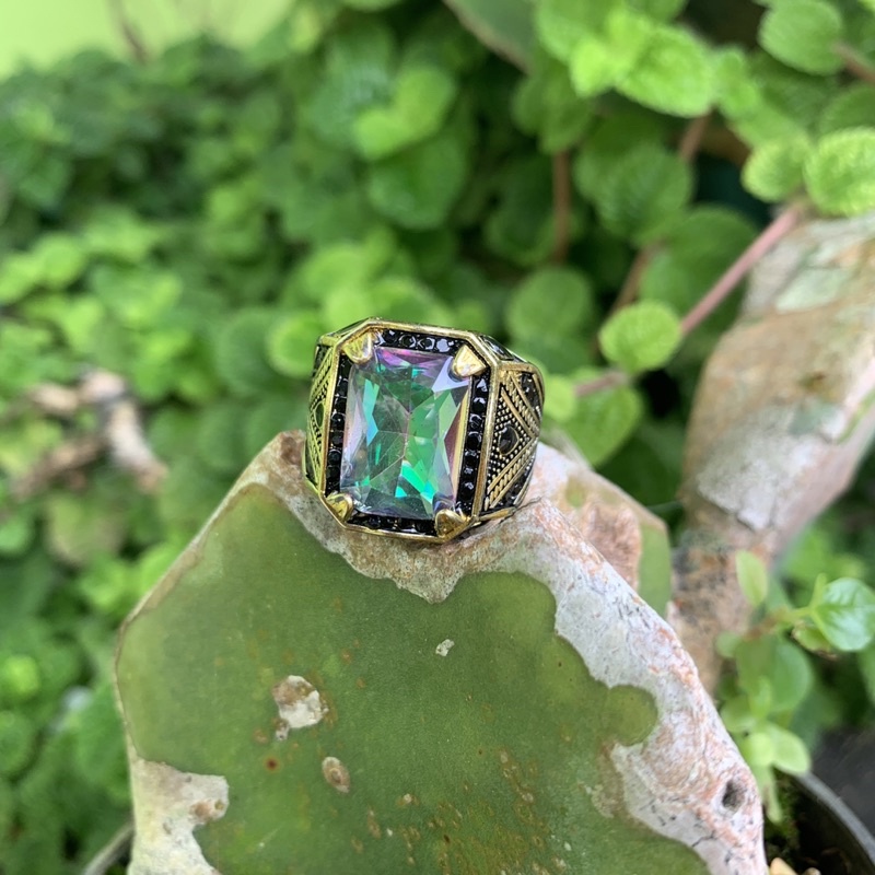 Cincin Pria Batu Mystic Rainbow Mistik Quartz Ring Gaya Turki