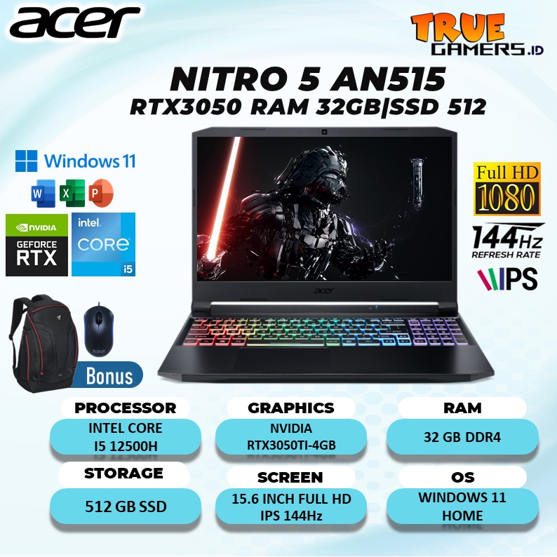 LAPTOP ACER NITRO 5 AN515 RTX3050 I5 12500H 32GB 512SSD  WIN11+OHS 15.6FHD 144Hz