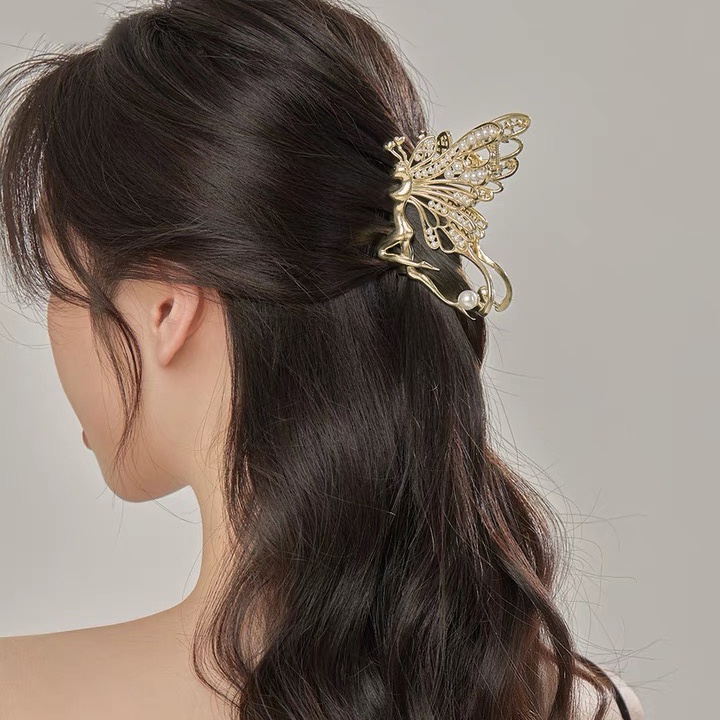 Jepit Rambut Bentuk Butterfly Shark Aksen Mutiara Dan Berlian Imitasi Gaya Korea Untuk Wanita