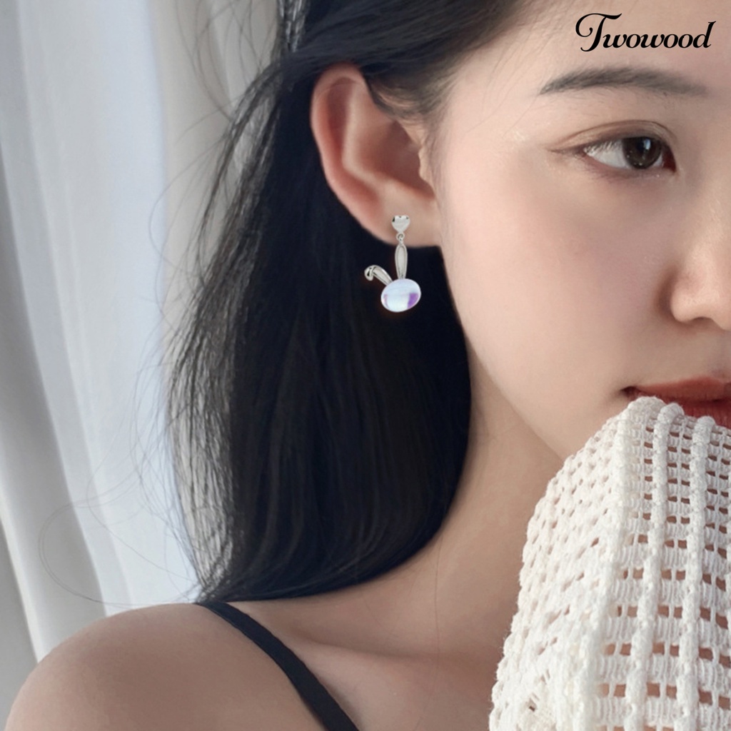 1 Pc Anting Stud Desain Kepala Kelinci Hati Batu Bulan Palsu Bahan Tembaga Anti Karat