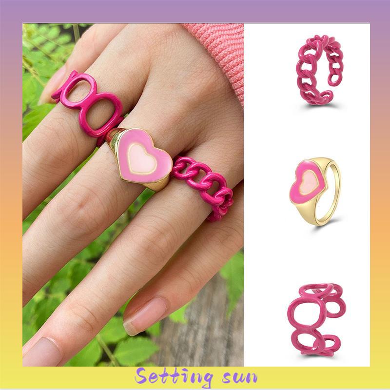 3PCS Heart Geometry Rings Cincin Geometri Jantung Cincin Mode Menetes Minyak yang Dapat Disesuaikan untuk Aksesoris Perhiasan Wanita TN