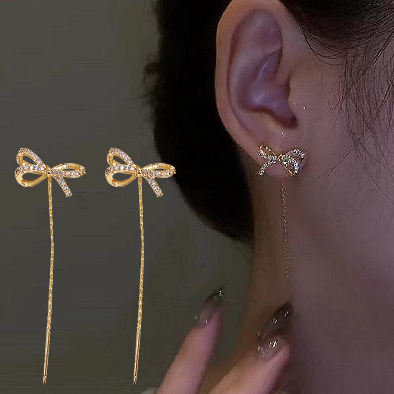 Berkilau Manis Manis Manis Drop Anting-Anting Pengantin Pesta Pernikahan Telinga Perhiasan Aksesoris Fashion Panjang Rumbai Anting-Anting Vintage Elegan Zirkon Busur Liontin Anting-Anting Untuk Wanita Perempuan
