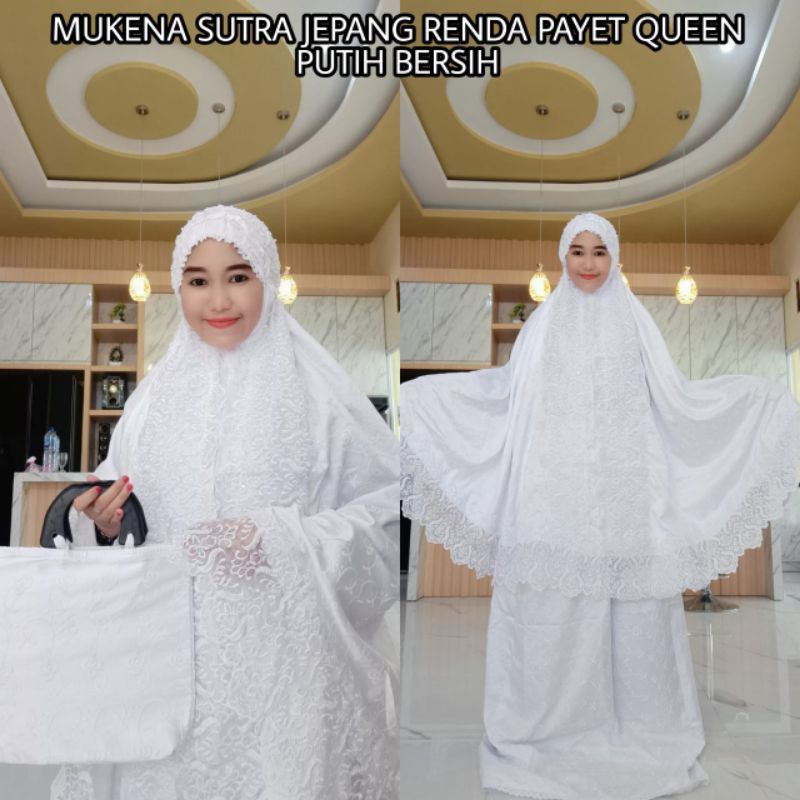MUKENA SUTRA JEPANG RENDA PAYET QUEEN WARNA GOLD MILO & PUTIH
