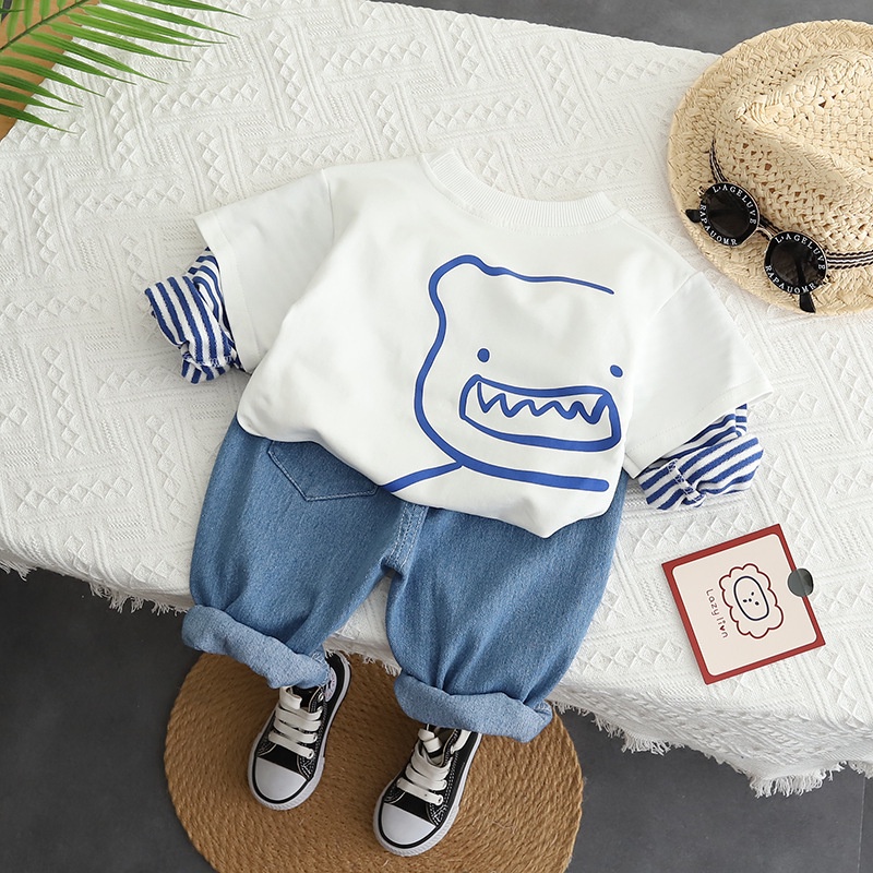 Setelan Anak Laki Laki DEAN Pakaian Set 2pcs Kaos Lengan panjang dan Celana Jeans Panjang Anak  Import