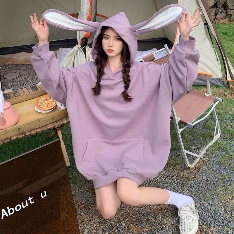 [littlecrab] Hoodie Oversize Telinga Kelinci Panjang Long Rabbit Ears Hoodie Unik Viral Polos Berkualitas Sweater Bertopi Lucu Sweatshirt Couple Unisex Bunny Korean Style