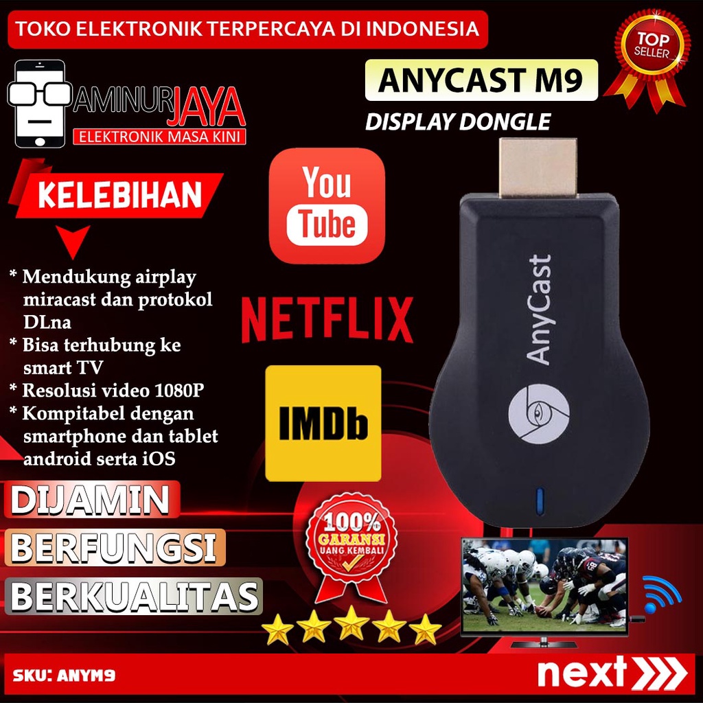 HDMI DONGLE ANYCAST M9 PLUS ORI USB DONGLE WIFI TV HDMI TO HDMI ALAT WIFI ORIGINAL MIRACAST ANY CAST